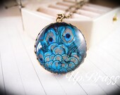 Peacock plumage domed glass cabochon vintage brass locket necklace