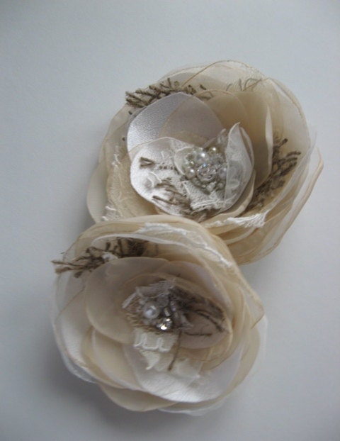 Wedding hair accessory burlap hairpiece clip set 2 sash belt Flower Vintage Rustic champagne Ivory cream beige Lace rose bridal bridesmaid