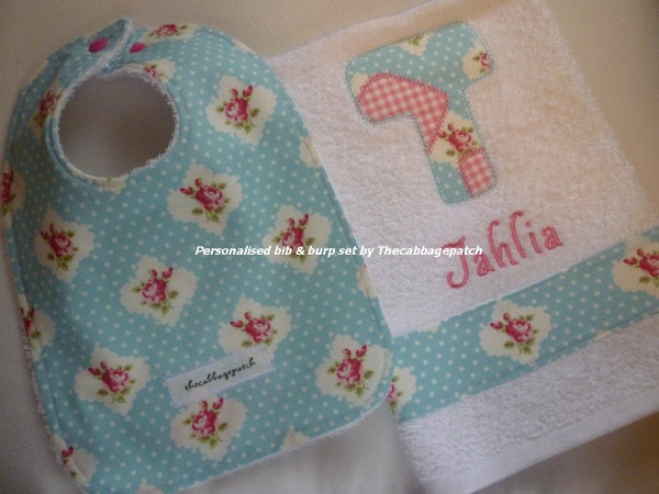 Personalised Handmade Baby bib and matching burp cloth Shabby blue and pink