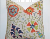 BOTH SIDES - Decorative Pillow Cover - Floral Suzani - Orange - Teal - Citrine - Navy Blue