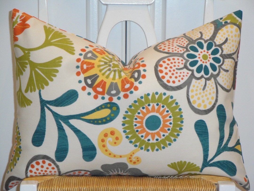 BOTH SIDES - 14 x 20 - Decorative Pillow Cover - Suzani - Throw Pillow - Accent Pillow - Olive Green - Grey - Teal - Yellow - Orange