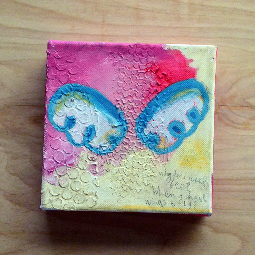 Wings for Feet Frieda quote mixed media ORIGINAL 6"x6" painting