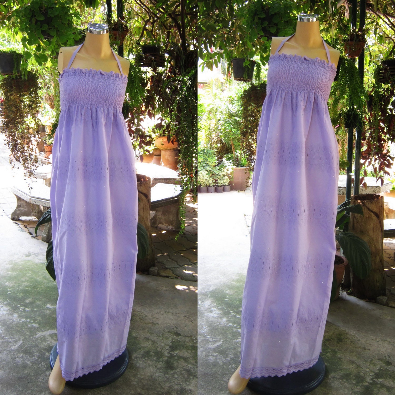 Woman Maxi dress Lilac light purple embroidery Cotton Beach summer sun dress smocked elastic S M L