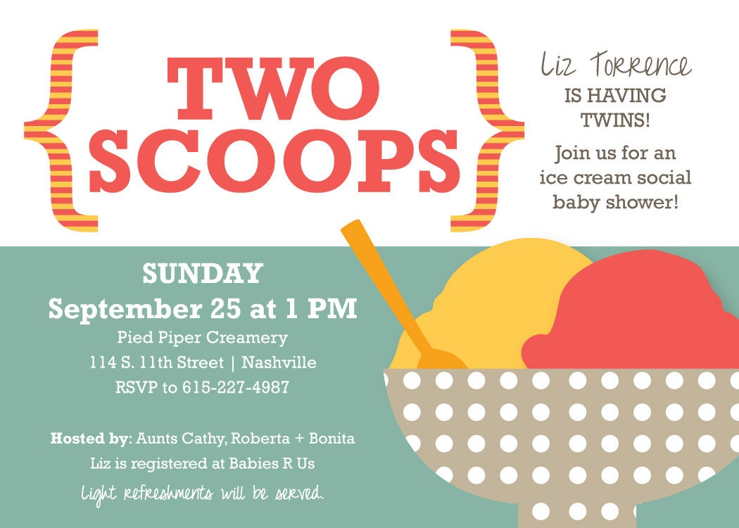 Baby Shower Invitation for TWINS - Ice Cream theme, Digital File download