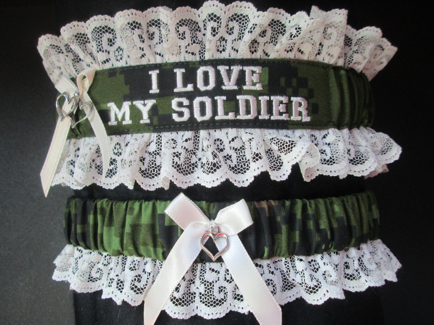Handcrafted Canadian Military Garter set with I Love My Soldier embroidered on it.