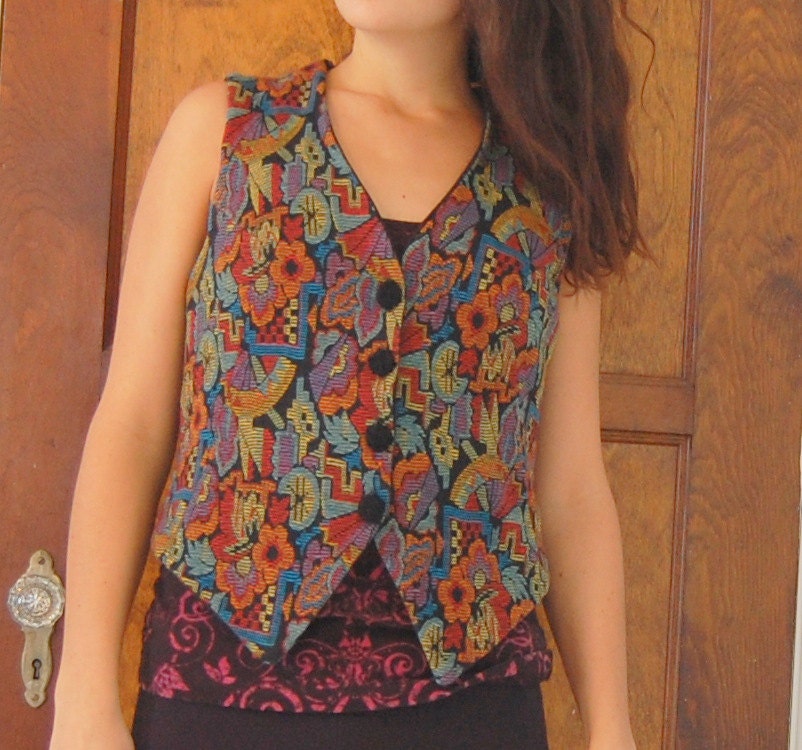 Vintage Psychedelic Multicolored Button Up Women's Vest  Small