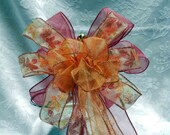Fall/Autumn Bow fall leaves  on a sheer maroon ribbon  with a sheer orange bow on top