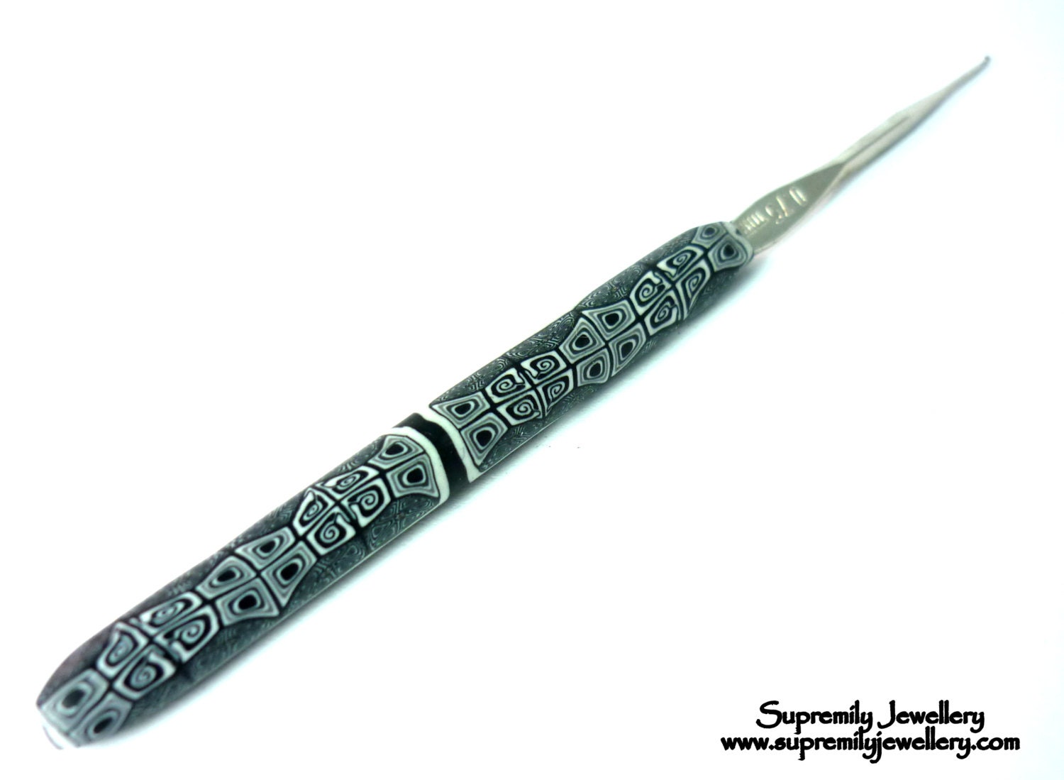 Monochrome Tile Crochet Hook Handle Dread Tool Fimo Dreadlock