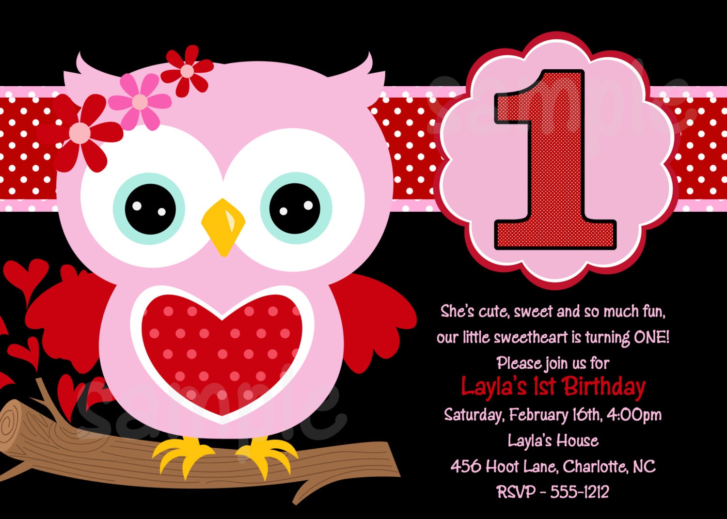 Pink Owl Owl Birthday Invitation, 1st Birthday Owl Birthday Party Invitation, Printable or Printed