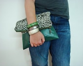 Green Faux Leather and Leopard Fabric FoldOver Large Clutch Purse