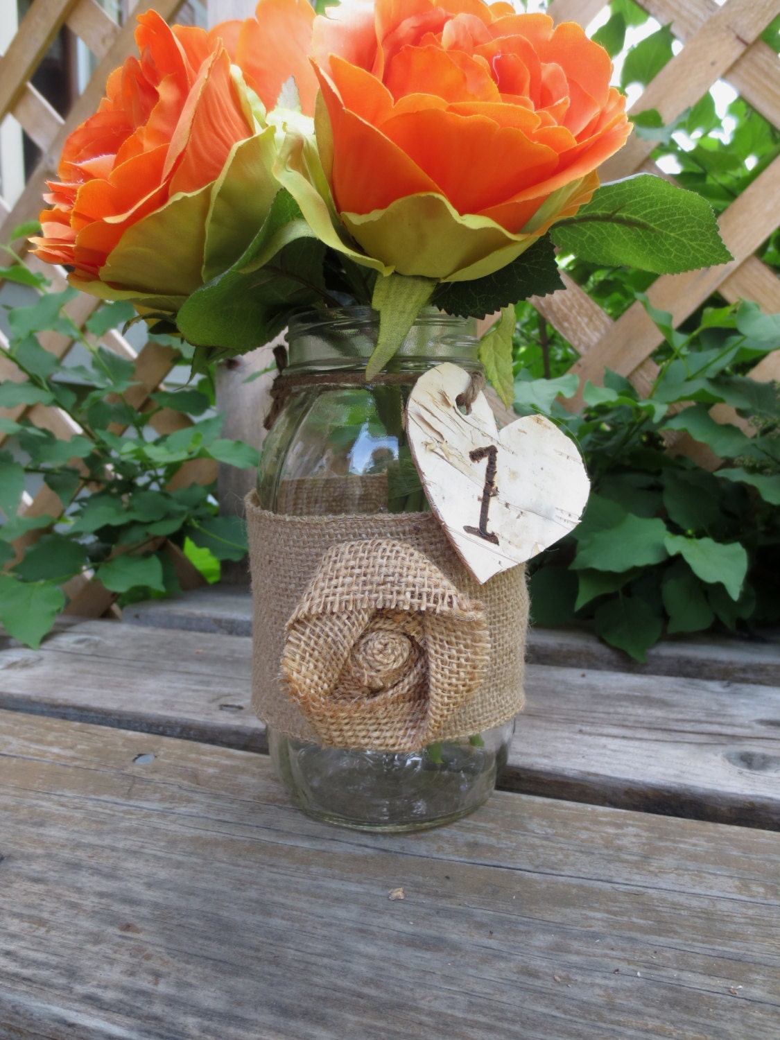 Burlap Mason Jar  with Birch Heart Table Numbers  Wedding Centerpieces Decor Shabby Chic Rustic  Bridal Shower Centerpieces