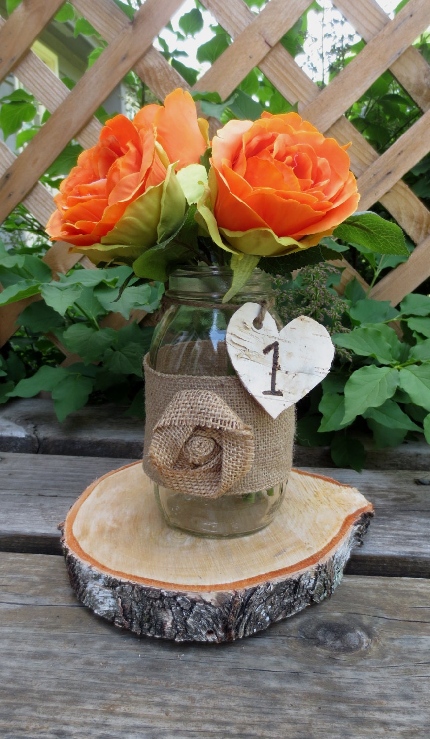 Birch Slice with Burlap Mason Jar  and Birch Heart Table Numbers  Wedding Centerpieces Decor Shabby Chic Rustic  Bridal Shower Centerpieces