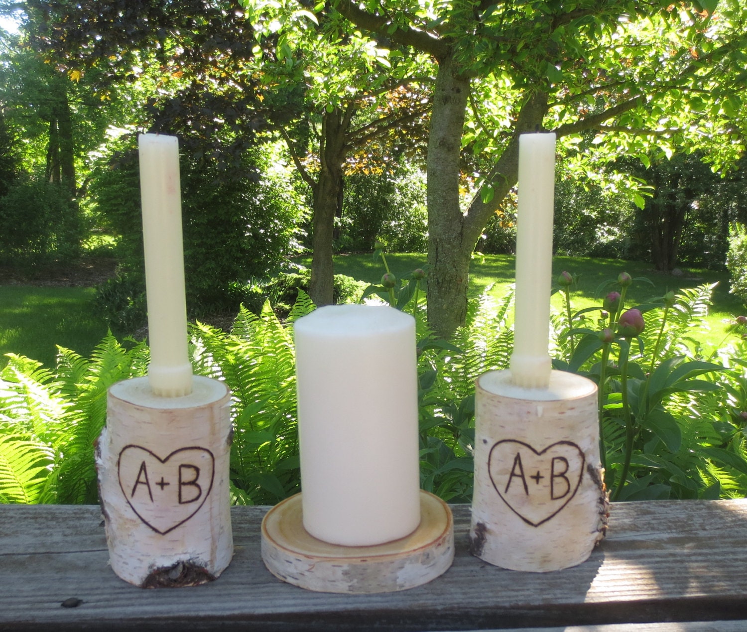 Personalized Birch Bark UNITY CANDLE SET  of 3 Wedding Rustic