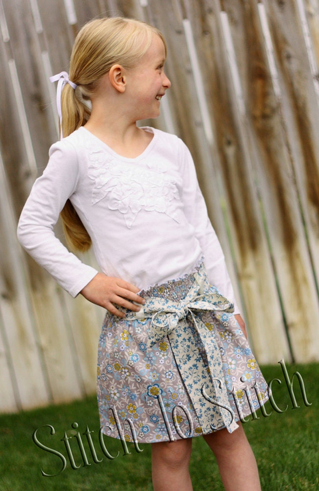 Girls Grey Ivory Blue and Yellow Shirred Skirt with Sash (sizes 6M to 8)