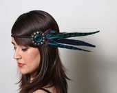 Blue Feather Beaded Bohemian Headband - gypsy, hippie, tribal, teal, turquoise