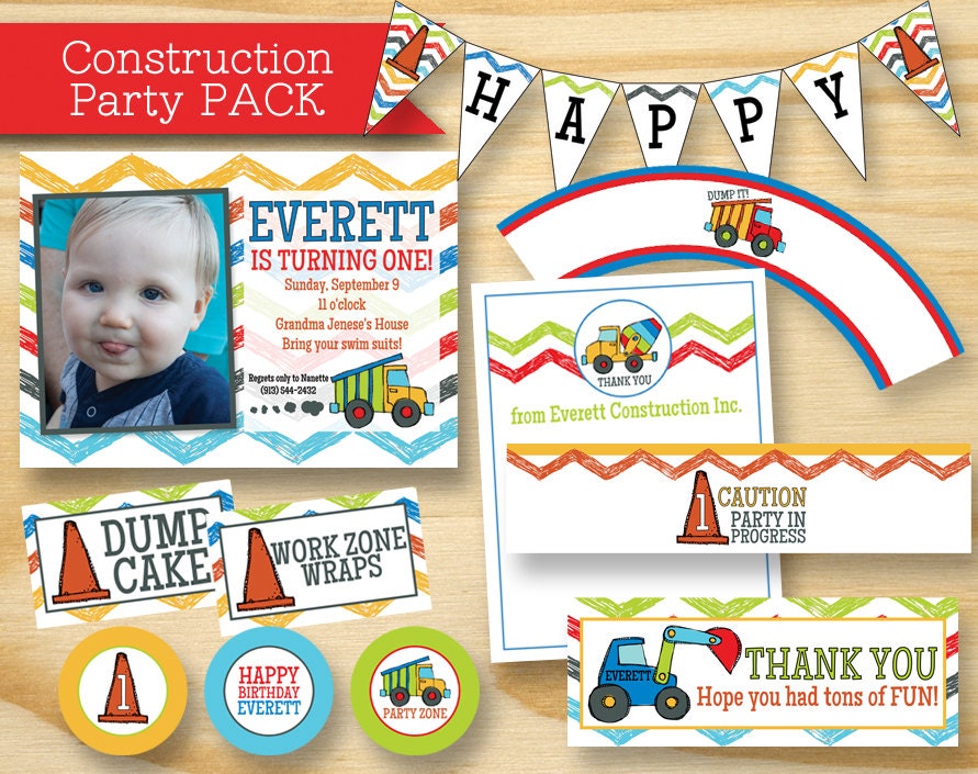 Construction Invitation Customized Party Pack Dump Truck Work Zone Birthday Cupcake Favor Banner Water Bottle PDF Il_170x135