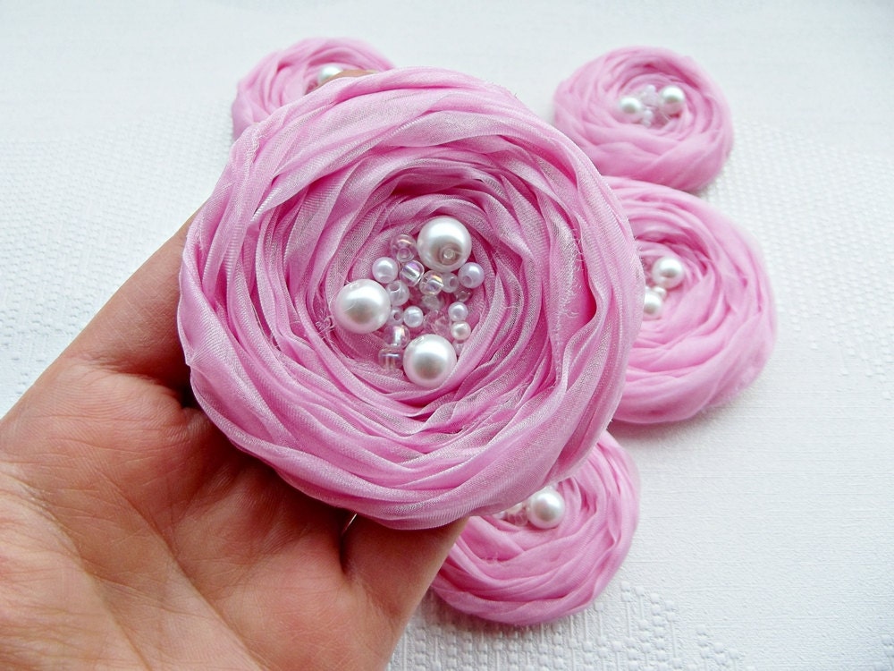 Pink Chiffon Roses Handmade Appliques Embellishments(5 pcs)