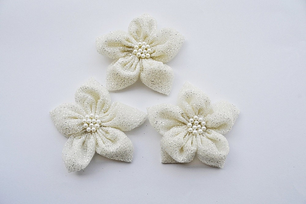 Ivory Fabric with Glitter Handmade Appliques Embellishments(3 pcs)