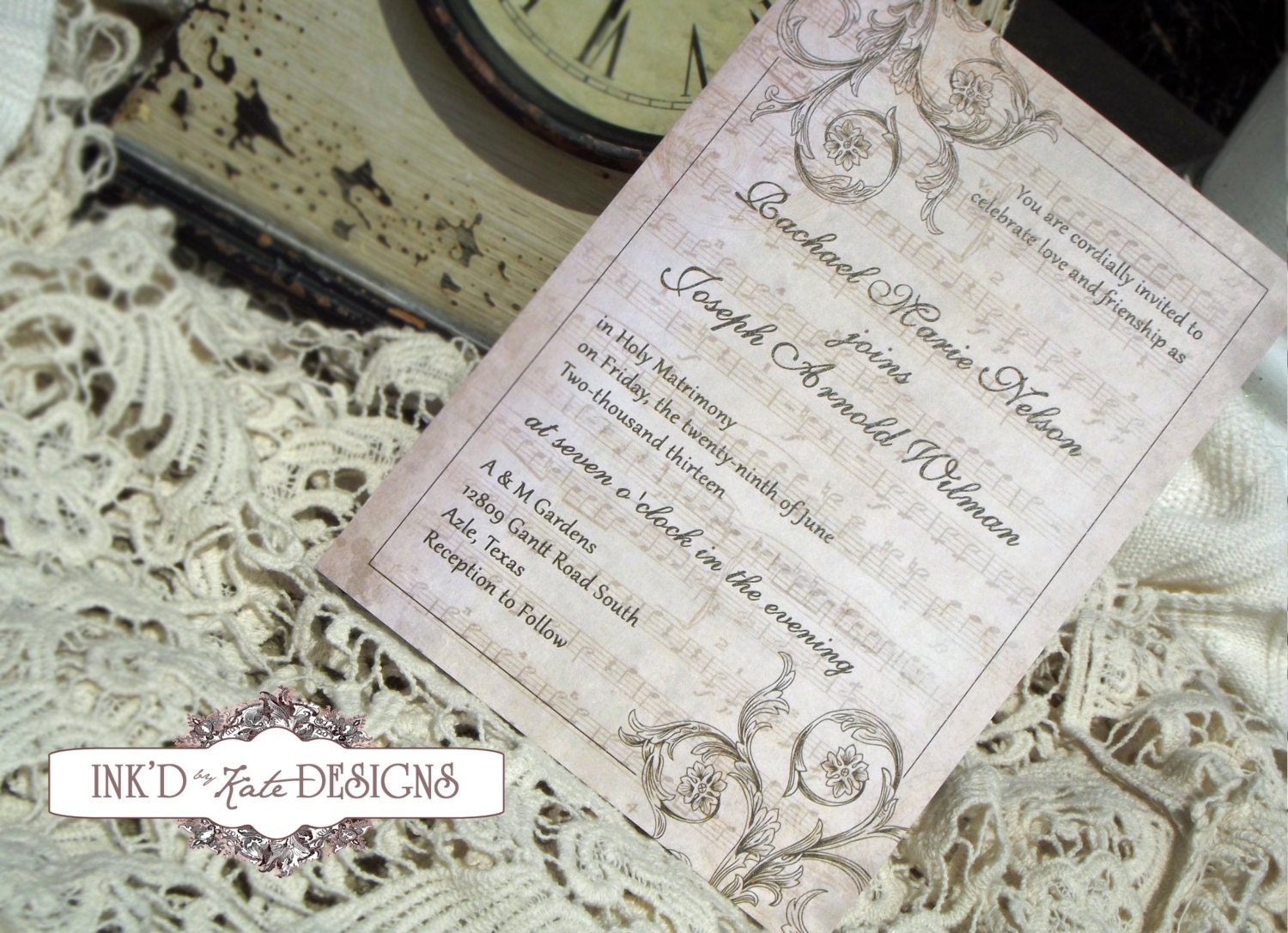 Vintage Sheet Music and Scroll Wedding Invitation DEPOSIT