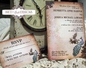 Vintage Peacock and flowers wedding invitation DEPOSIT