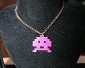 Pink Acrylic Space Invader Charm Necklace