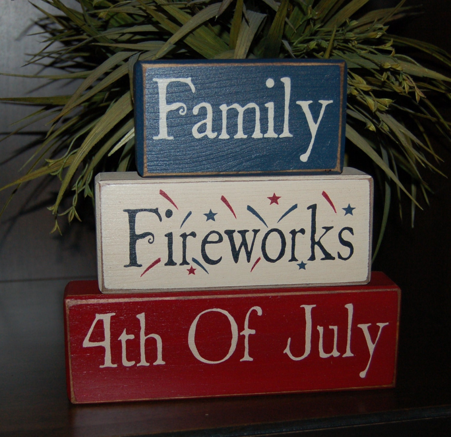 Family Fireworks 4th Of July Americana Decor Summer Wood Sign Shelf Blocks Primitive Country Rustic Home Decor Gift
