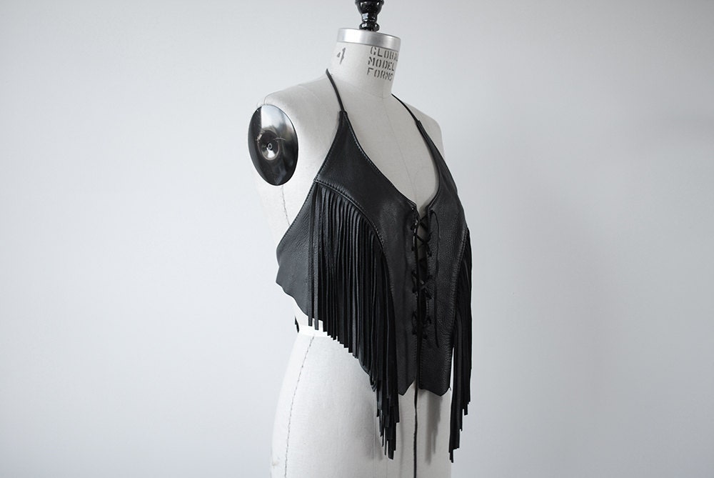 Amazing Black Soft Leather Halter with Fringe Biker Babe Corset  S
