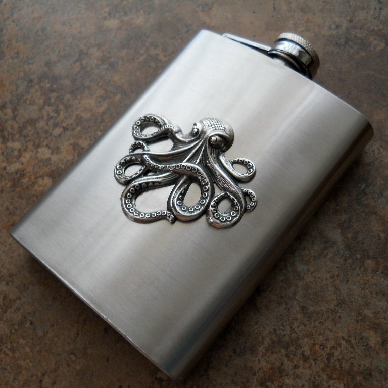 Flask, 8 Oz. Steampunk Octopus Silver Flask , Gentleman's or Lady's Liquor Flask