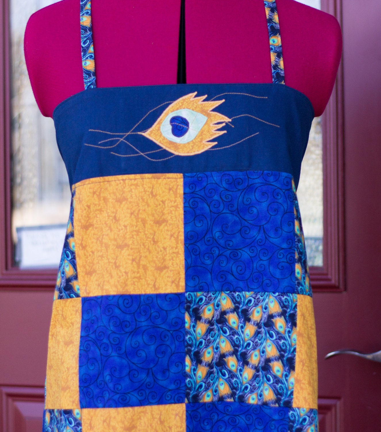 Apron Open Corset Back Top Dress Patchwork Peacock Feather Applique Jewel Tones
