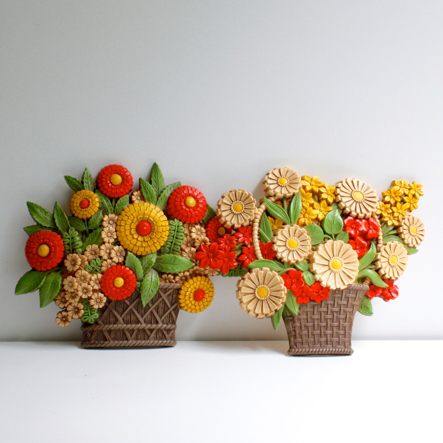 Vintage 1975 Colorful Wall Plaques by Syroco - Set of Two - Potted Flowers