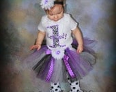 Purple Princess 3 Piece First 1st Glitter Tutu Personalized Birthday Outfit with Black Swirls Choose your Size, Number, and Fabric