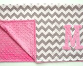 Personalized Gray and Pink Chevron Minky Dot Blanket
