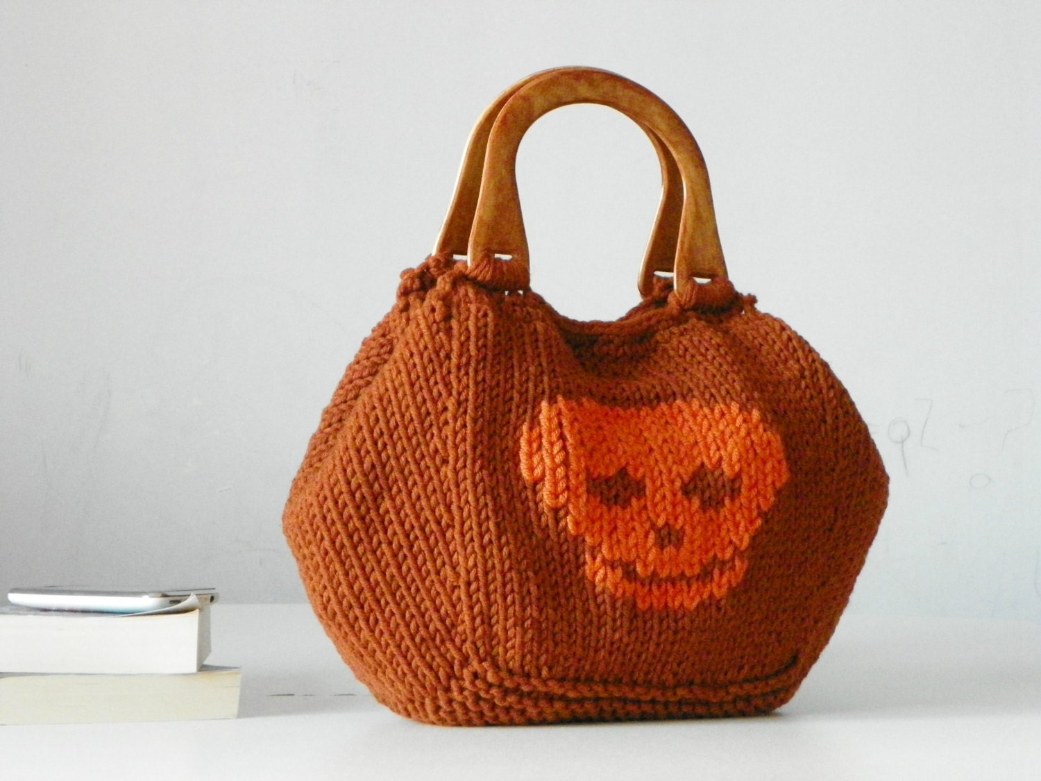 Knit handbag, Skull pattern Knitting Women Tote, fashion colors, Knit women handbag, valentine's day gifts, rusty and orange