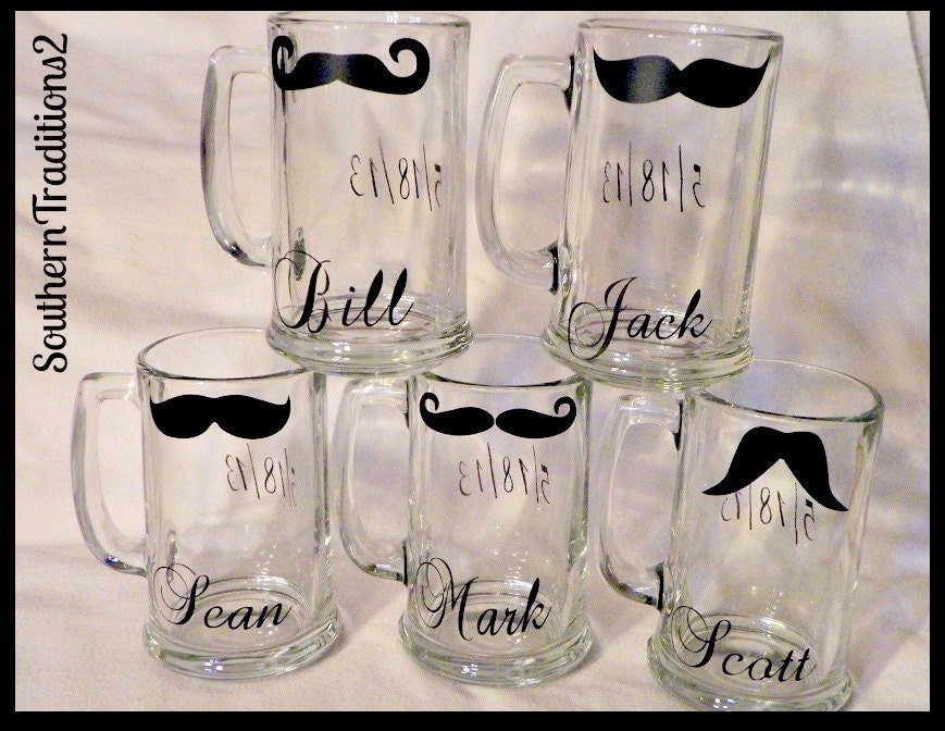 Set of 5 Men's Personalized Mustache Beer Mug Stein Groom Glasses Glass -- Best Man -- Groomsmen -- Wedding Favor Gift