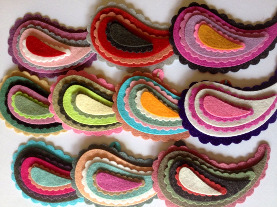 Wool Felt Paisleys 60 total - Sizes 1 1/2" -  4" Random Colored. 1940