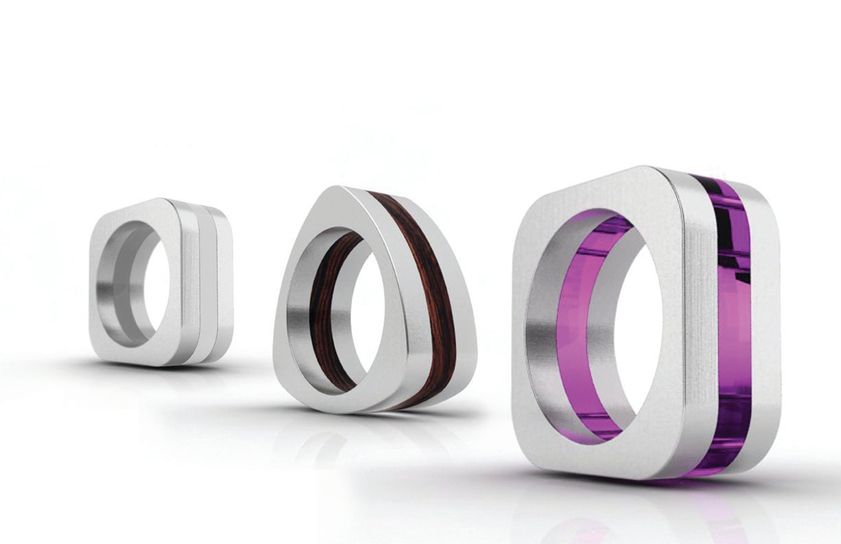 layered mens / womens ring  in stainless steel or silver with wood, acrylic, or bamboo filling
