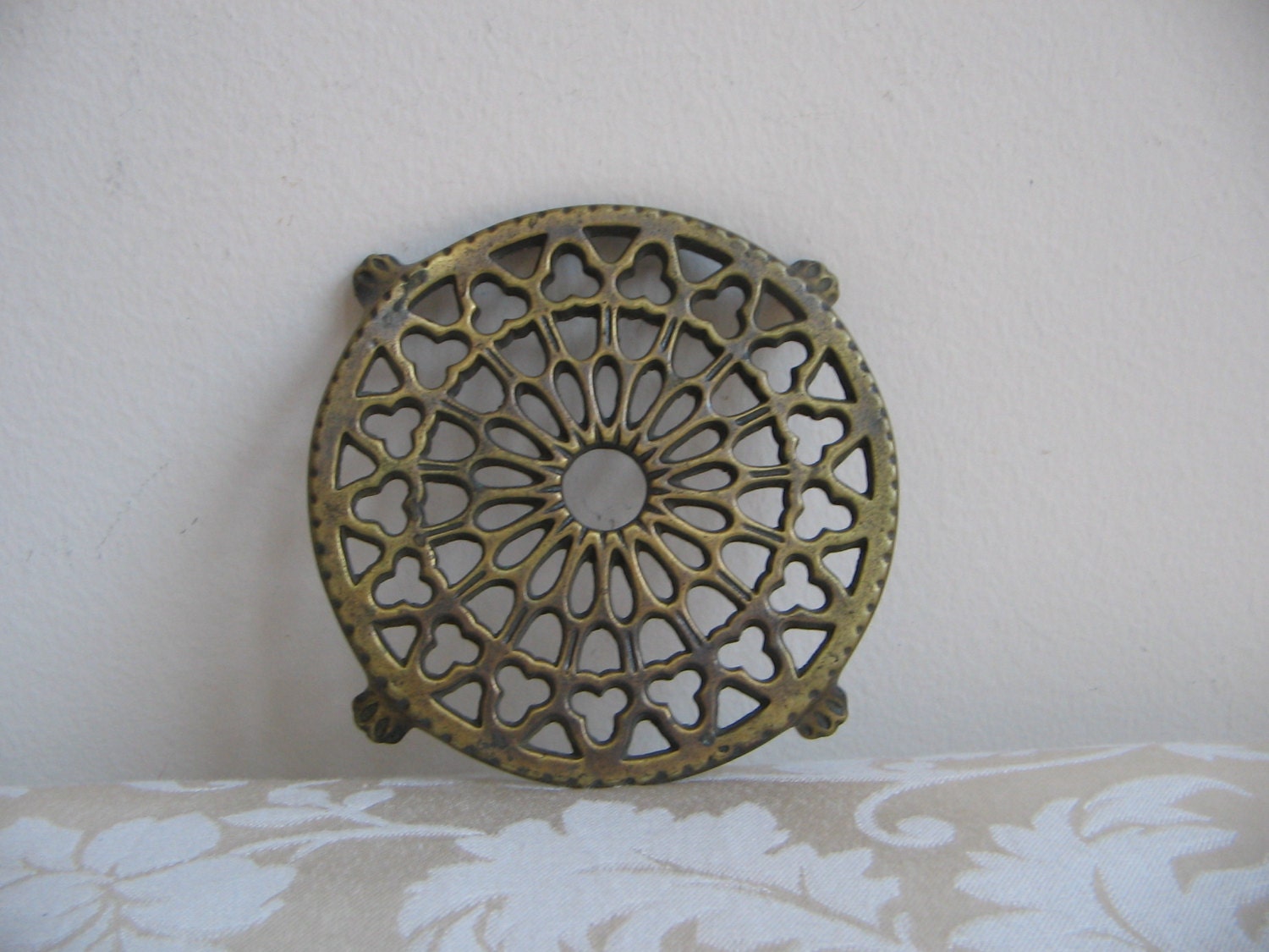 Vintage Brass Trivet Metal Pot Holder Round Flower Clover Bohemian Wall Art