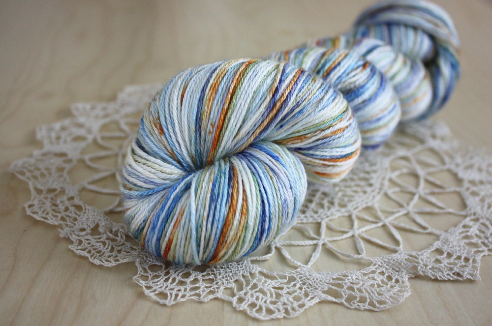 Hand Dyed Yarn / Fingering Weight / Blue Orange White Moss Starry NIght / Silk Merino Wool / NEW