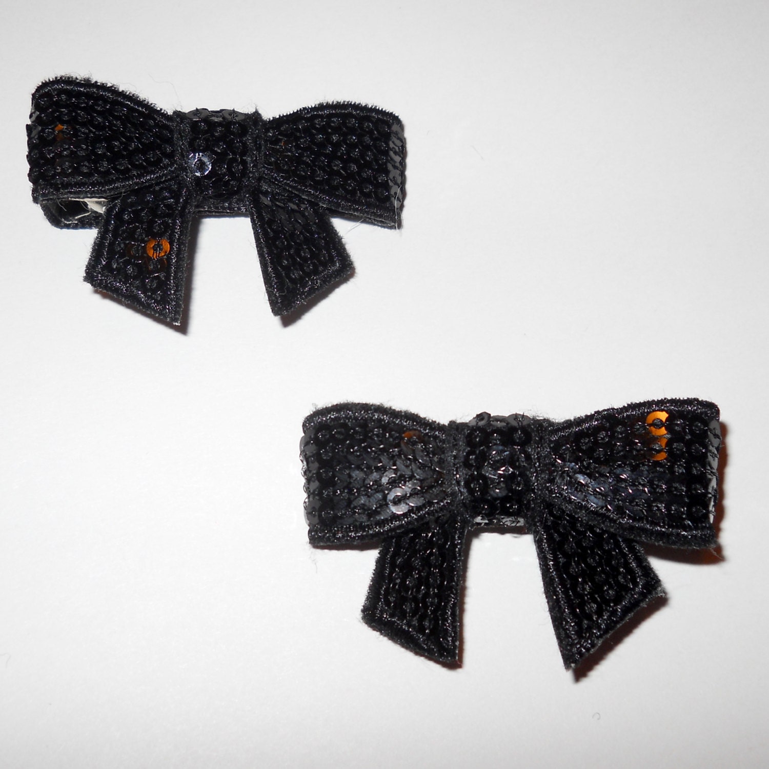 Set of Two (2) Black Sequin Bow Ribbon Lined Alligator Clips