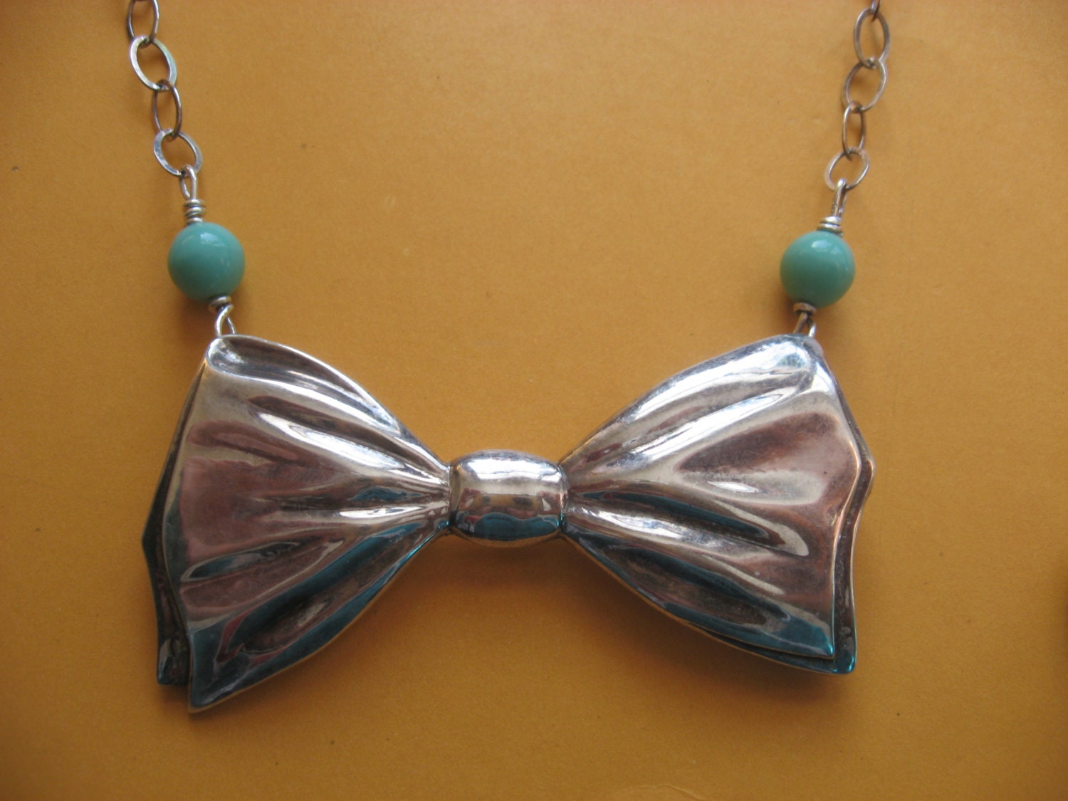 Sterling silver bow  bib necklace upcycled vintage brooch pendant baby blue turquoise beads cute feminine kawaii Spring trends
