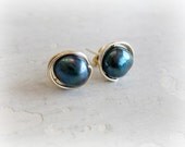 Midnight Blue Freshwater Pearl Stud Earrings // Gold Filled Wire Wrap Posts