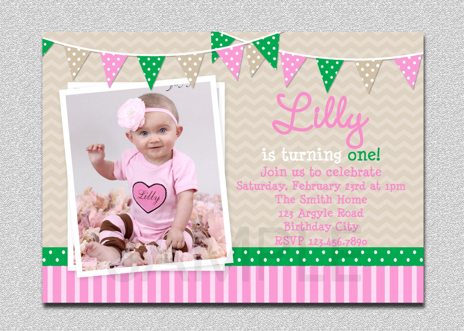 Preppy Bunting Girls Birthday Invitation GIrls 1st Birthday Party Invitation Printable Il_570xn