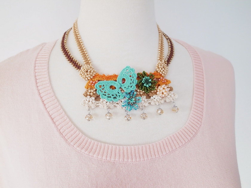 Irish Crochet Lace Jewelry (Lace Fantasia 4-b) Fiber Art Necklace, Statement Necklace