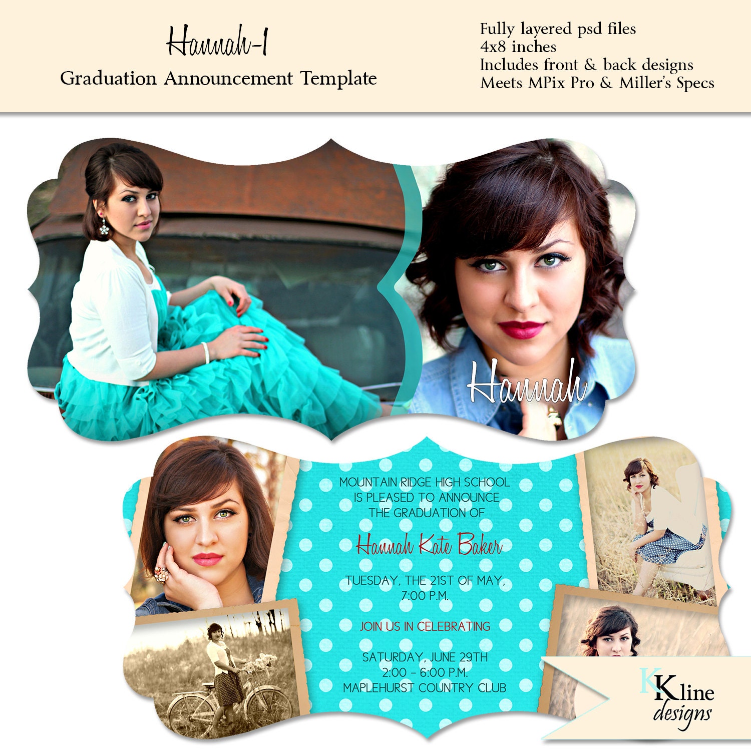 HANNAH-1 Senior Graduation Announcment - Perfect for Photographers - 4x8 Flat - Two Sided - Horizontal