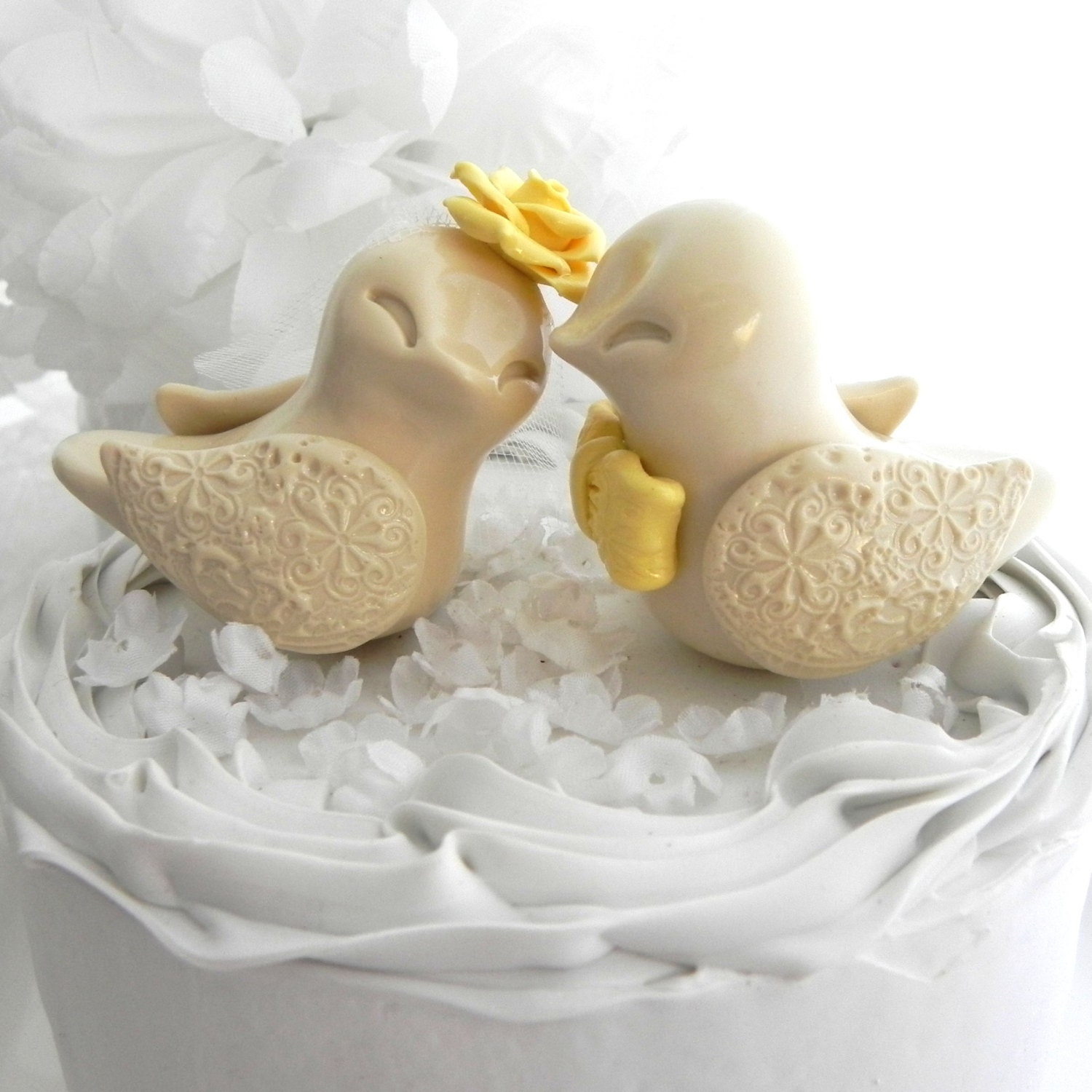 Wedding Cake Topper, Love Birds, Cream and Buttercup Yellow, Bride and Groom Keepsake, Fully Customizable
