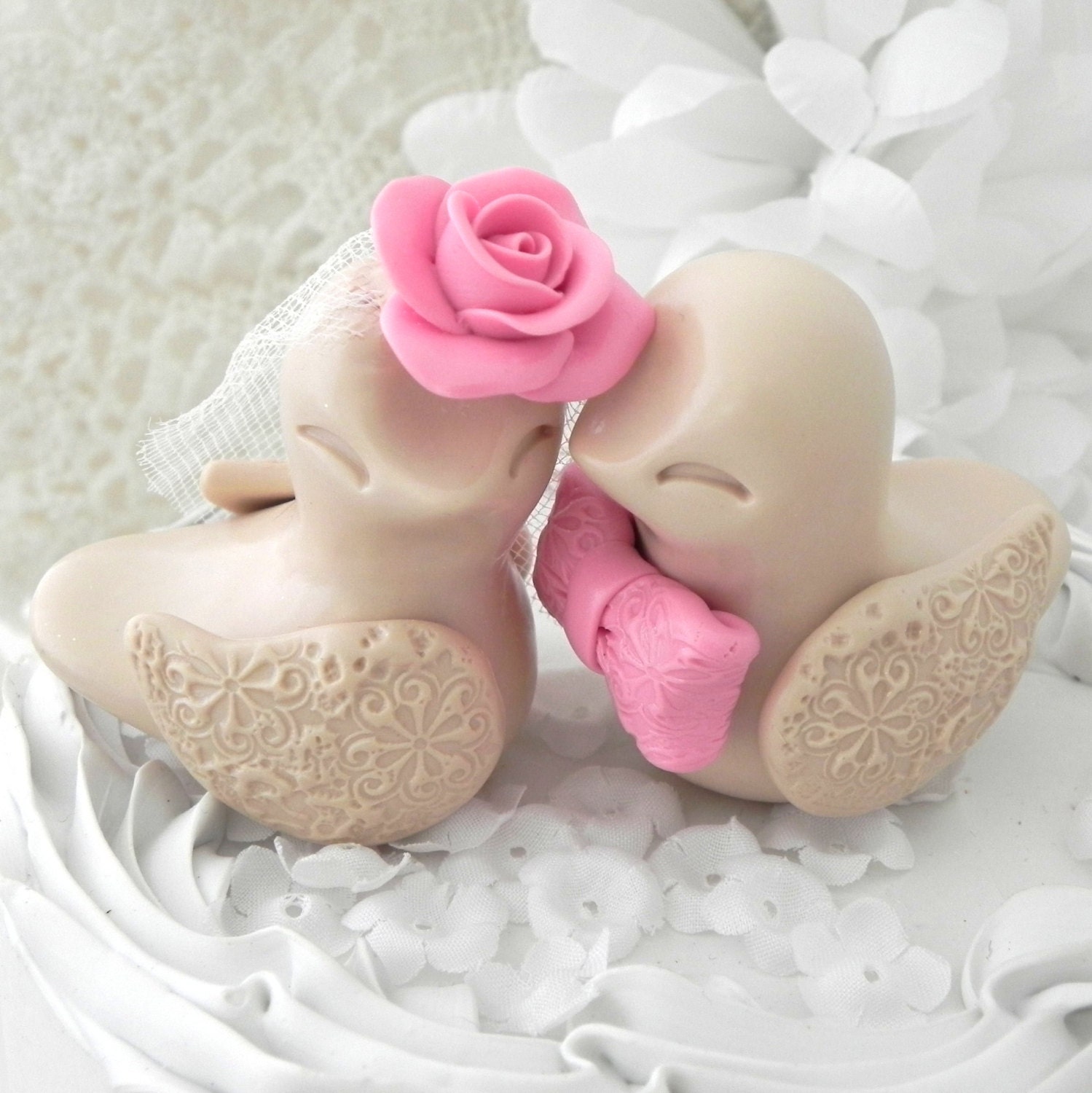 Love Birds Wedding Cake Topper, Tan and Pink, Bride and Groom Keepsake, Fully Customizable
