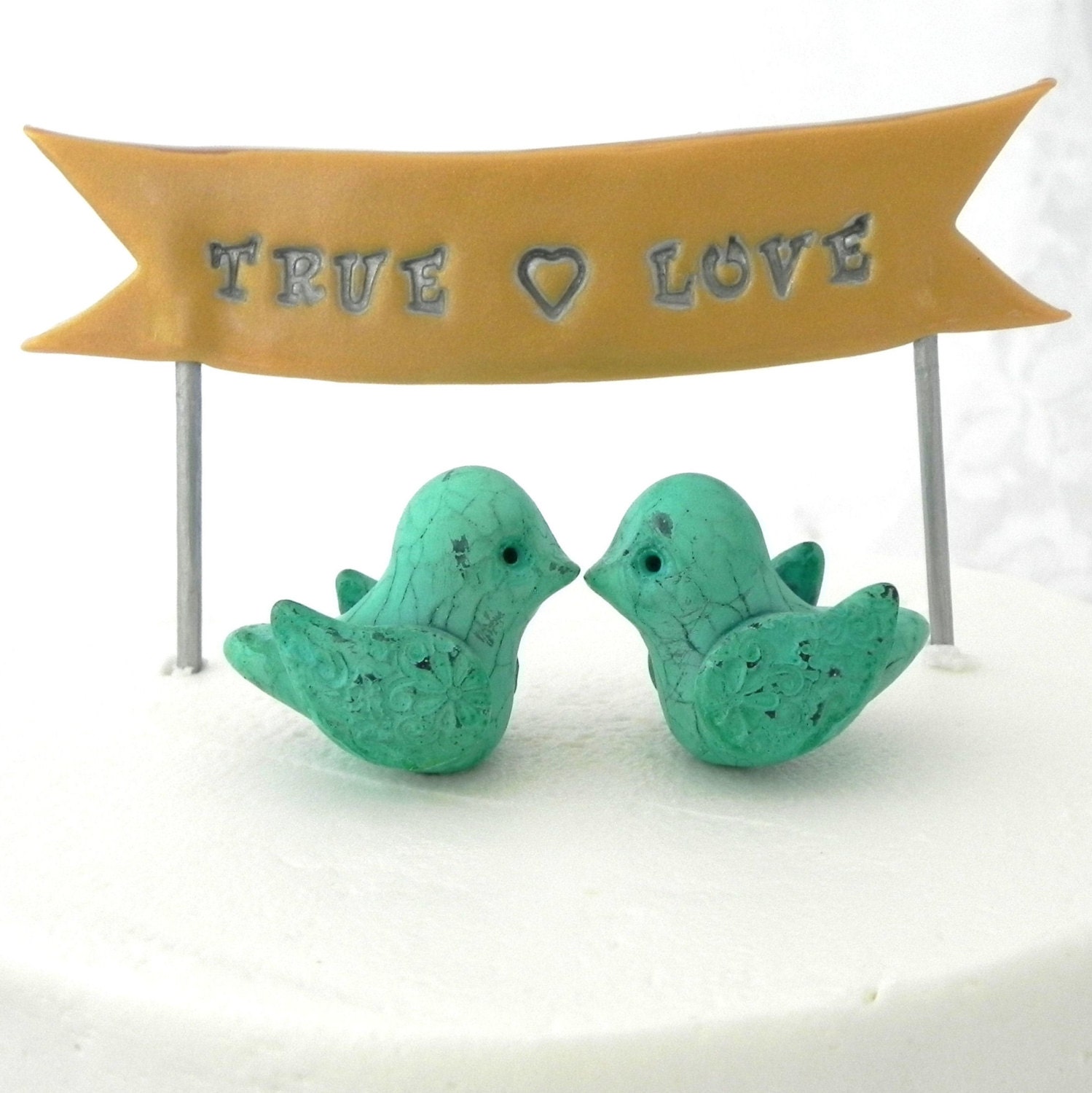 Tiny Wedding Cake Topper,  Mint Green Love Birds and True Love Banner, Valentine Gift, Keepsake, Shabby Chic Decor