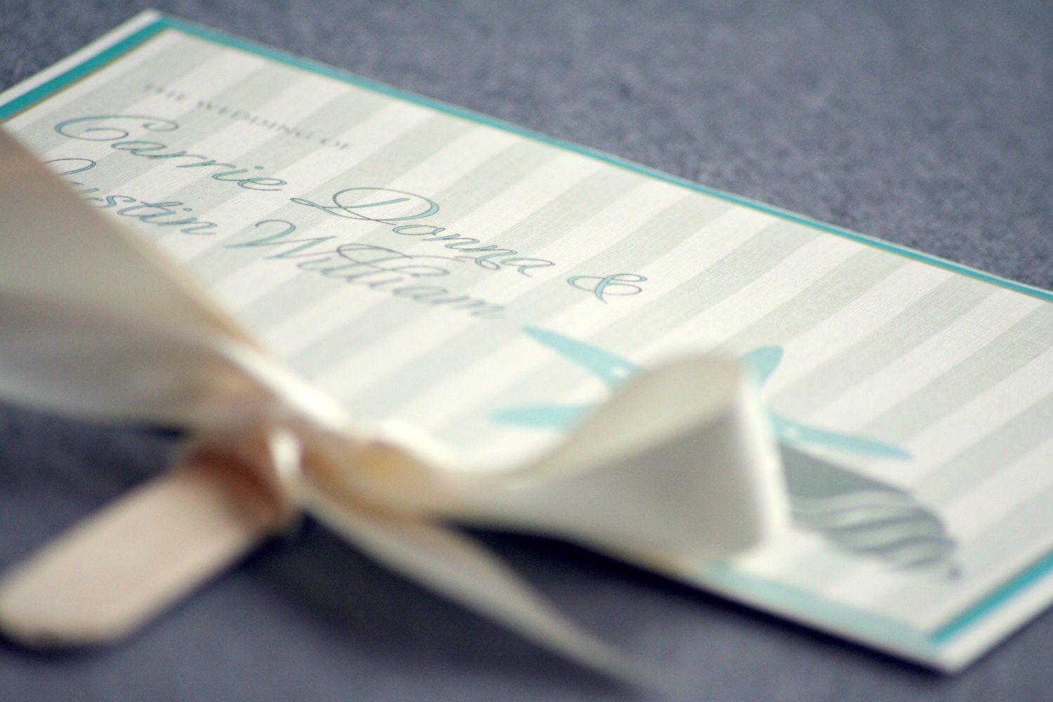 Starfish and Shell Beach-Themed and Ribbon Custom Fan Wedding Program Shown in Aqua, Ivory and Taupe -- DEPOSIT