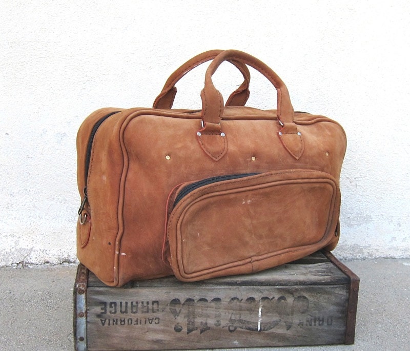 Vintage Distressed Rugged Tan Nubuck  Leather Duffle Travel Bag