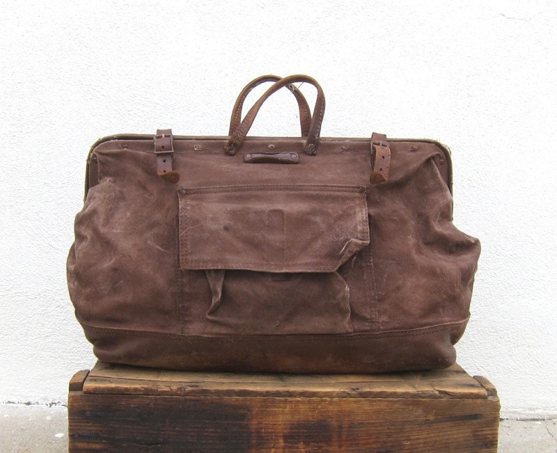 Vintage Large Painted Brown Canvas Tool Bag w/Tan Leather Suede Trim